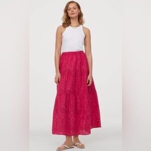 H&M Vibrant Fuchsia Embroidered Tiered Cotton Maxi Skirt